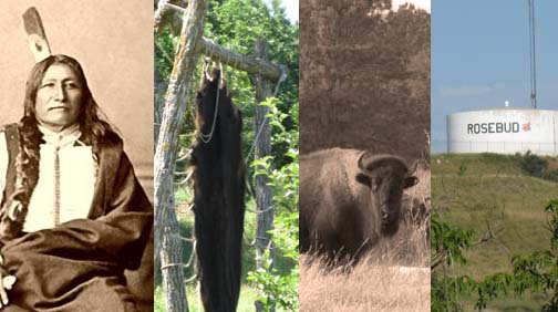 Chief Spotted Tail, a buffalo hide tanning, a buffalo, the Rosebud water tank